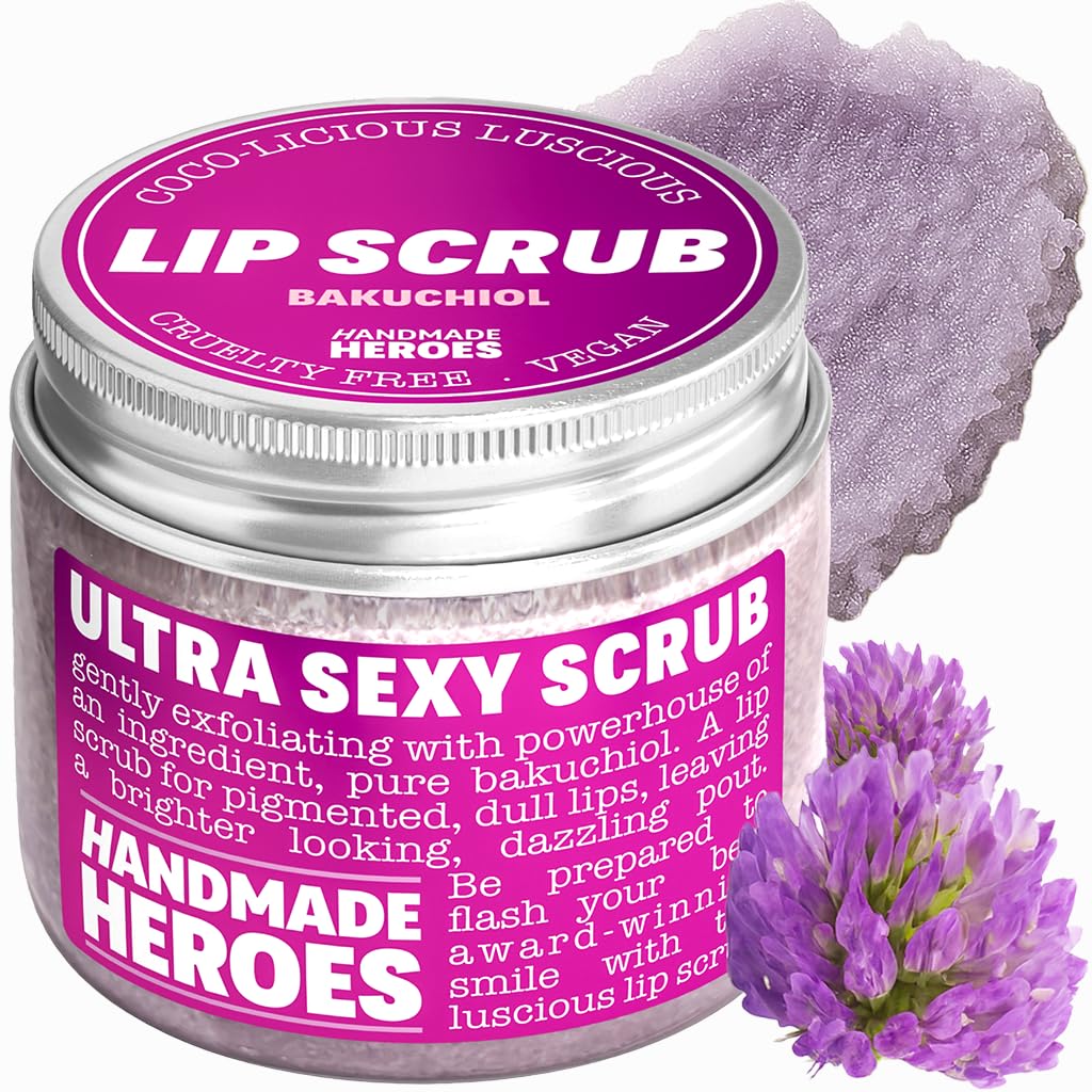 Handmade Heroes 100% Natural Lip Scrub, Vegan Conditioning Coconut Lip Exfoliator - Gentle Exfoliant, Ultra Sexy Sugar Lip Mask Polish and Scrubber for Chapped Dry and Dark Lips, 1oz