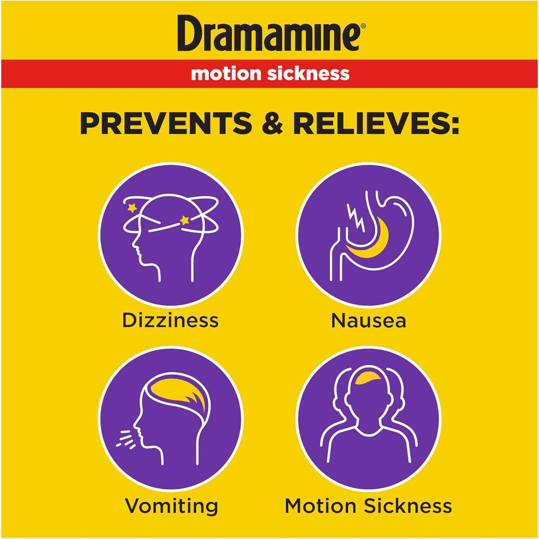 Dramamine Motion Sickness Less Drowsy, Travel Vial, Multicolor, 8 Count
