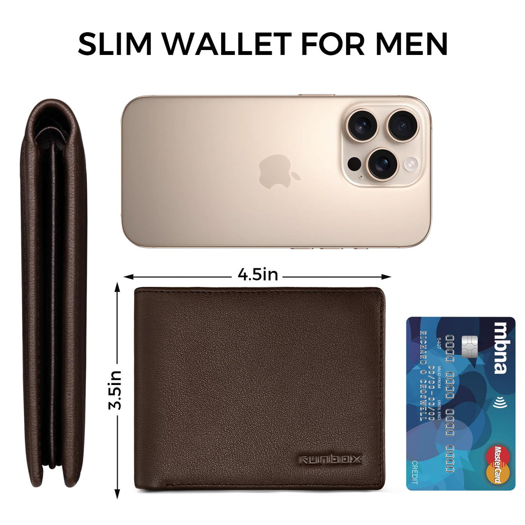 RUNBOX Wallet for Men Leather RFID Blocking Bifold Front Pocket Wallet Genuine Leather,Slim,12 Card Slots,2 ID Windows,2 Money Pockets, Gift for Men,Compact Travel Business Passport