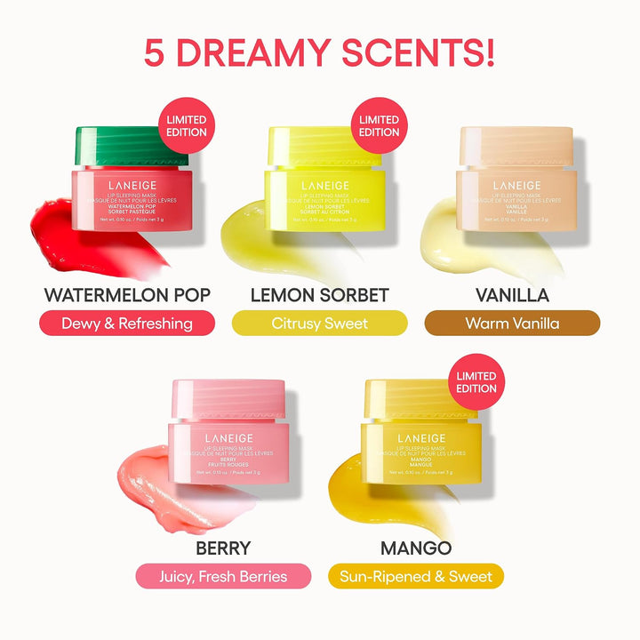 LANEIGE Midnight Minis For Dry Lips | Hydrating &amp; Nourishing Overnight Lip Treatment Mask with Vitamin C, Shea &amp; Murumuru Seed Butter