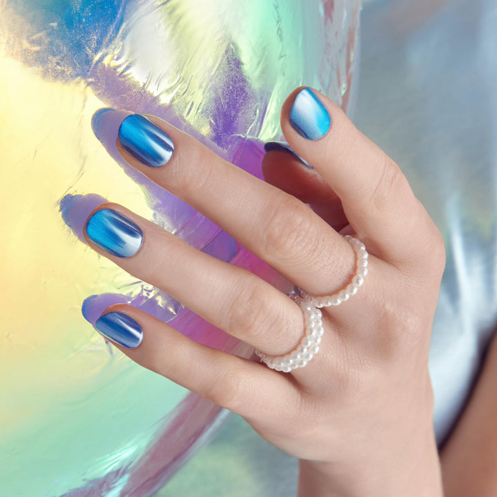 KISS colorFX by imPRESS Press On Nails , ‘Reconnect’, Solid Blue with Pearlescent Finish, Short Oval, New &amp; Improved Adhesive, Includes 30 Fake Nails, Prep Pad, 1 Manicure Stick, 1 Mini Nail File