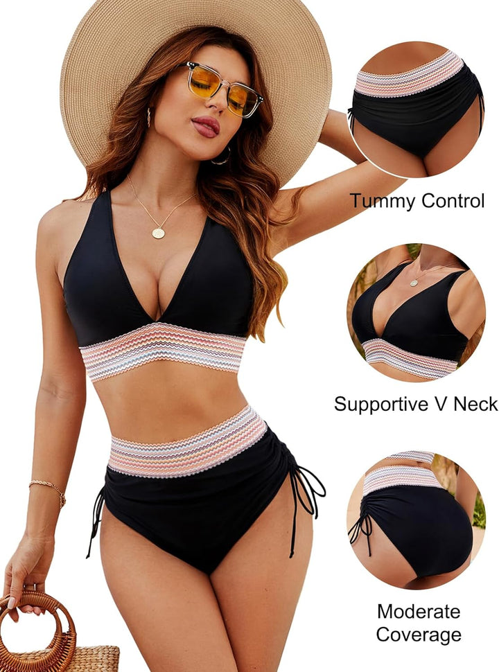 Blooming Jelly Women High Waisted Bikini Sets Tummy Control Swimsuits Color Block Two Piece Drawstring Bathing Suit