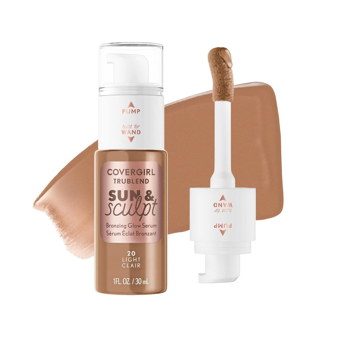COVERGIRL TruBlend Sun &amp; Sculpt Bronzing Glow Serum, Buildable, Radiant Glow, Wand and Pump Applicator