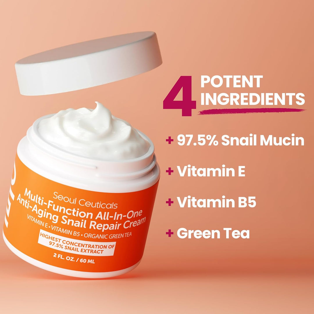 SeoulCeuticals Snail Mucin Moisturizer 97.5% - Korean Skin Care Snail Repair Cream - Day &amp; Night Anti Aging K Beauty Skincare Cruelty Free 2oz