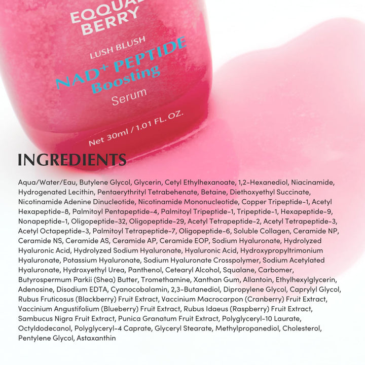 EQQUALBERRY NAD+ Peptide Boosting Serum – Niacinamide 2% + 14 Peptides + Vegan Collagen Anti-Aging Korean Skincare Face &amp; Neck &amp; Body Serum | Firming &amp; Lifting Pink Serum (1.01oz / 30ml)