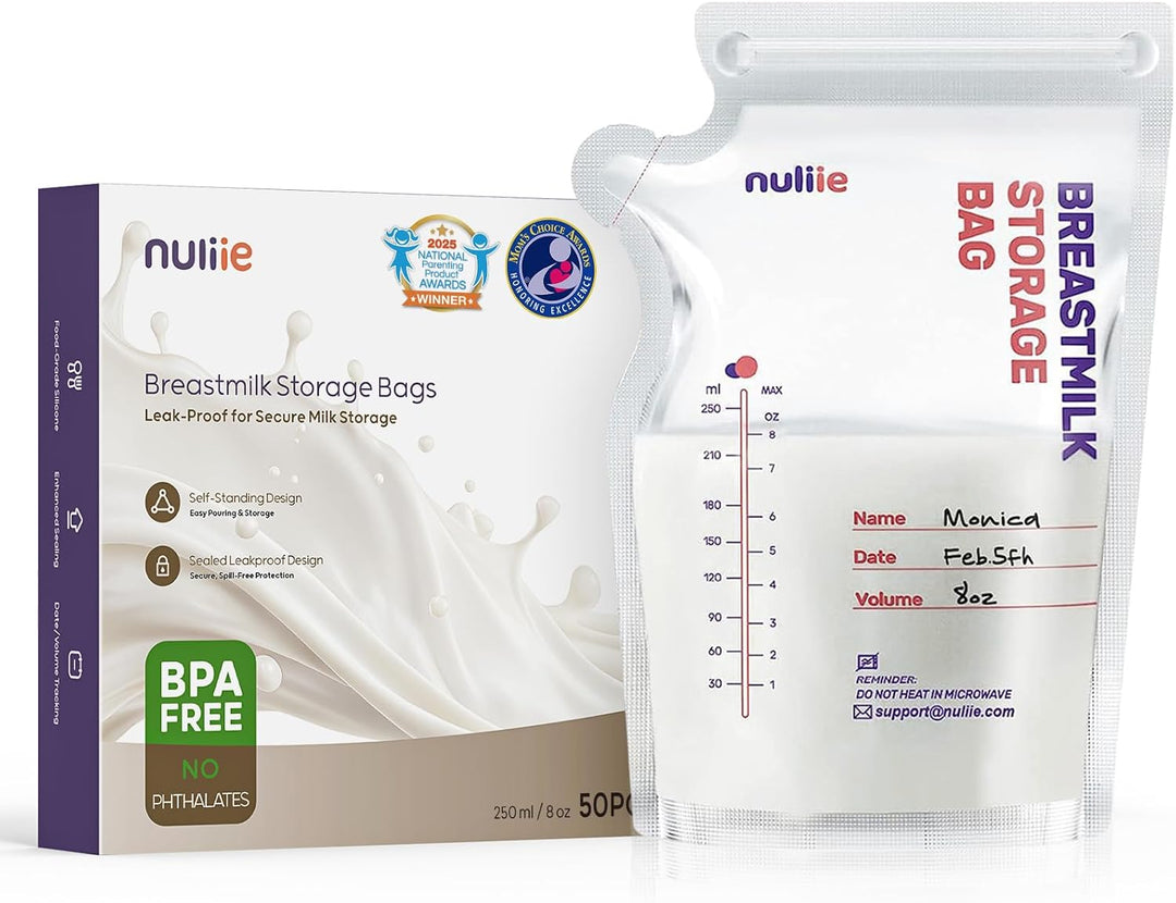Nuliie Breastmilk Storage Bags Freezer, 8 OZ Breast Milk Storing Bags, BPA-Free, Milk Storage Bags with Pour Spout for Breastfeeding, Self-Standing Bag, Space Saving Flat Profile