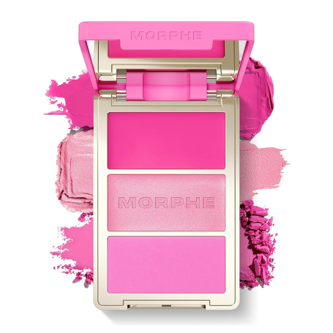 Morphe Cheek Thrills Multi-Finish Face Trio - Blush for Cheeks with Cream, Balm, and Powder Finishes - Buildable Monochromatic Face Palette for Glow and Dimension