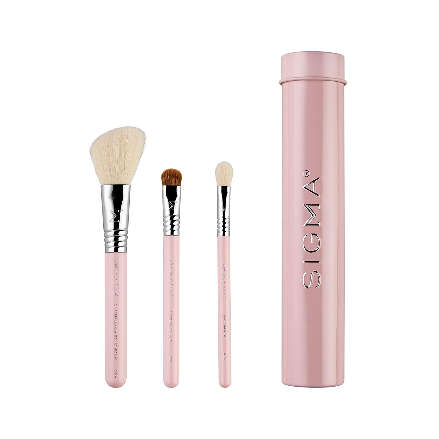 Sigma Beauty Travel Essential Trio - Makeup Brush Set for Foundation Powder Eyeshadow, Vegan Makeup Brushes for Travel - Light Pink - 3alababak