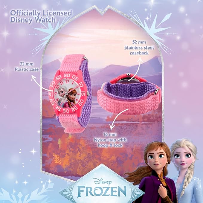 Disney Kids' W001790 Frozen Elsa and Anna Watch, Pink Nylon Band