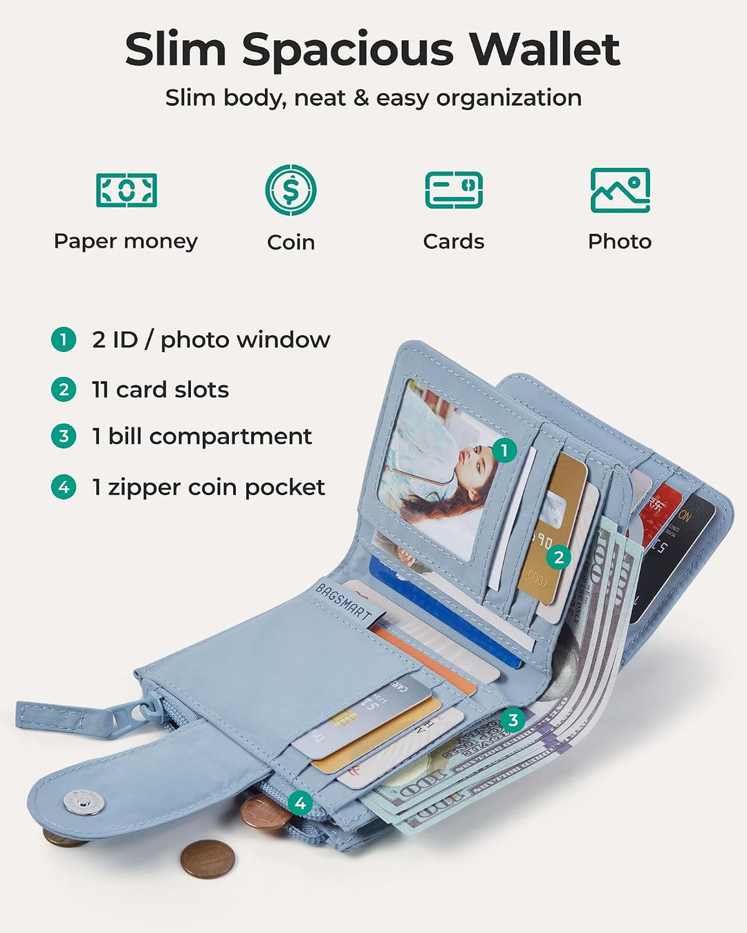 محفظة نسائية من BAGSMART، محفظة ثنائية الطي مبطنة بنظام حجب RFID لحماية البطاقات، محفظة بطاقات ائتمان، محفظة صغيرة للعملات المعدنية، تحتوي على 11 فتحة للبطاقات، حجرة للنقود، وجيب بسحاب للعملات المعدنية مع نافذة شفافة للهوية.