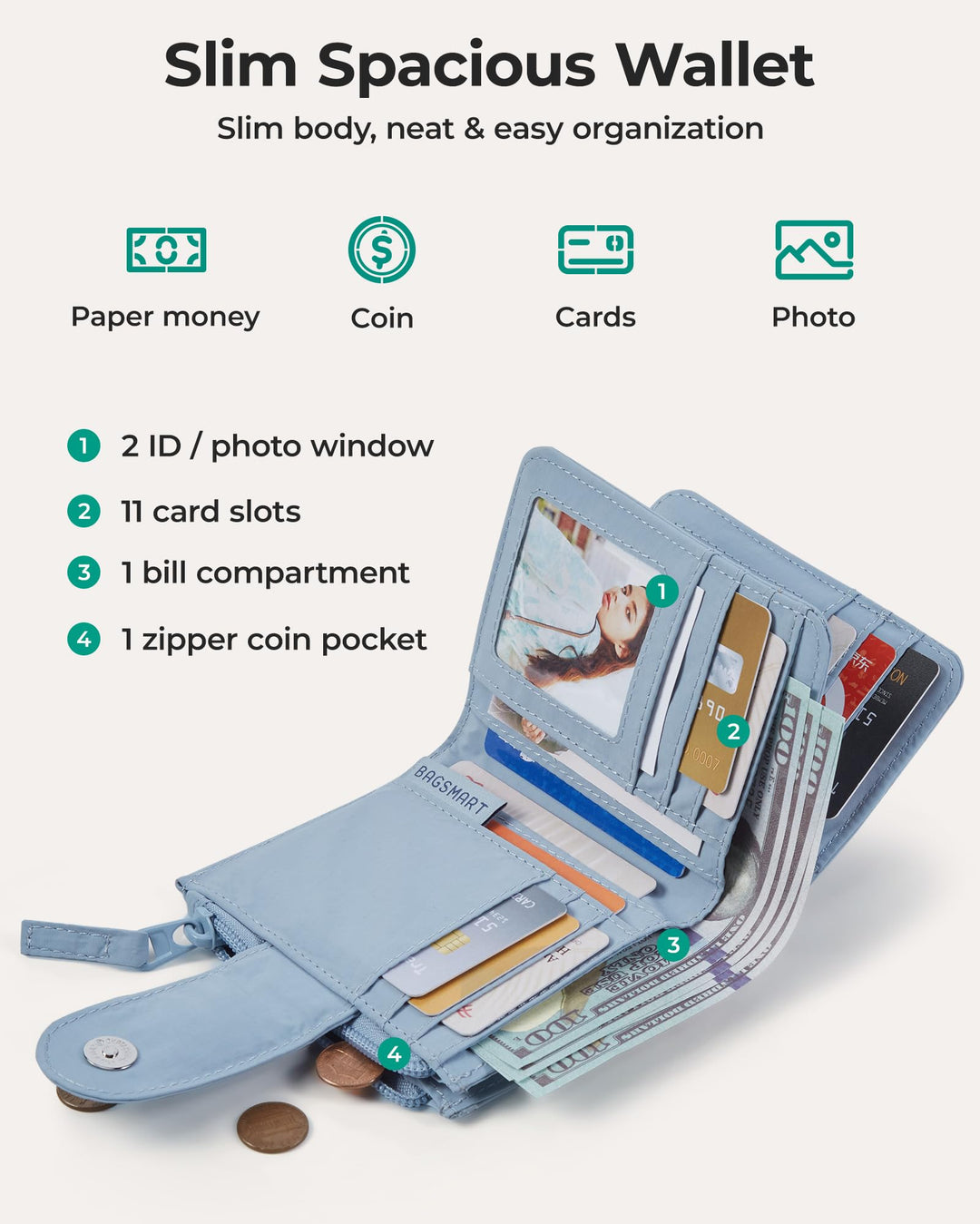 محفظة نسائية من BAGSMART، محفظة ثنائية الطي مبطنة بنظام حجب RFID لحماية البطاقات، محفظة بطاقات ائتمان، محفظة صغيرة للعملات المعدنية، تحتوي على 11 فتحة للبطاقات، حجرة للنقود، وجيب بسحاب للعملات المعدنية مع نافذة شفافة للهوية.