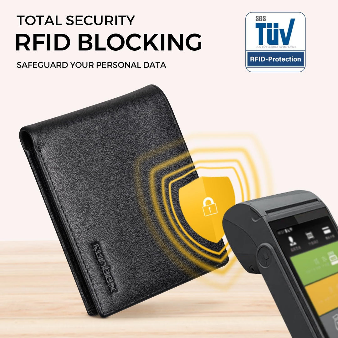 RUNBOX Wallet for Men Leather RFID Blocking Bifold Front Pocket Wallet Genuine Leather,Slim,12 Card Slots,2 ID Windows,2 Money Pockets, Gift for Men,Compact Travel Business Passport