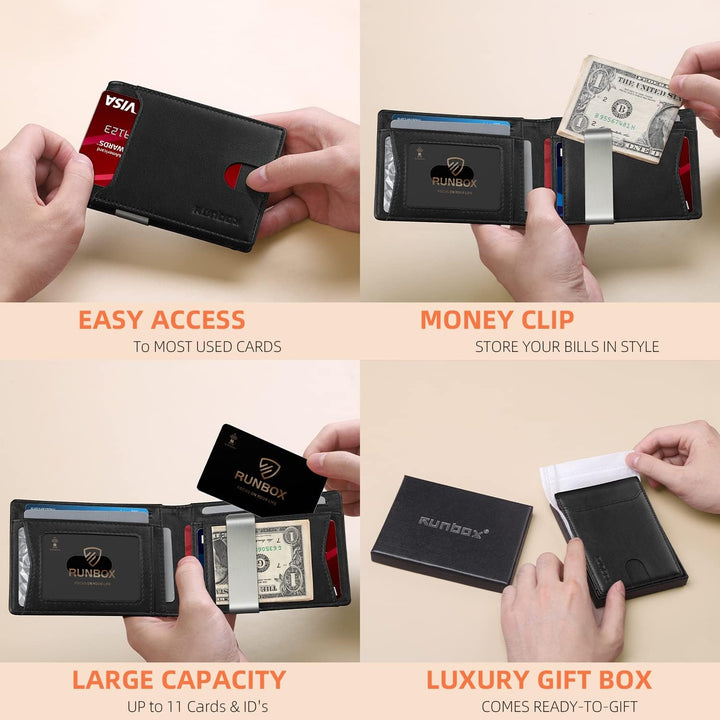 محفظة رن بوكس (RUNBOX) النحيفة للرجال - محفظة جلدية ثنائية الطي مزودة بمشبك للنقود وحماية من مسح البيانات (RFID)، تصميم بسيط للجيب الأمامي، تتسع لـ 11 بطاقة، تصميم رفيع، حماية من مسح البيانات (RFID)