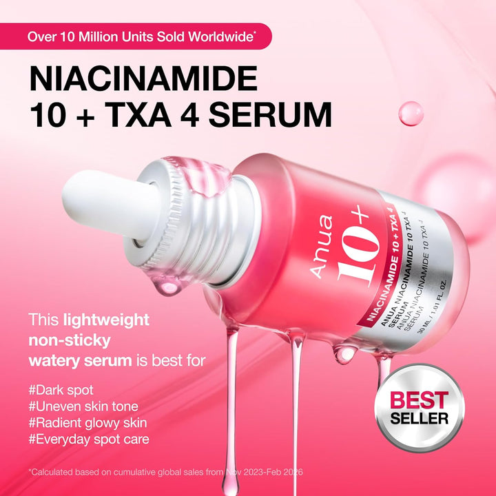 Anua Niacinamide 10 + TXA 4 Serum, Dark Spot Care, Hyaluronic Acid, Tranexamic Acid, Lightweight &amp; Hydrating All-in-One Daily Facial Serum for Glass Skin, Korean Skincare, 1.01 fl.oz