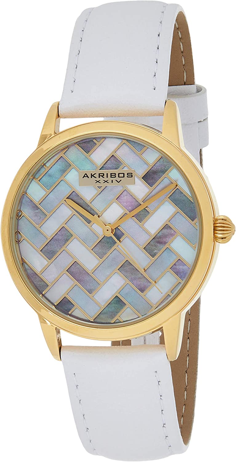 Akribos AK906WTG XXIV Women's Ornate Quartz Metal and Leather Automatic Watch - White - 3alababak