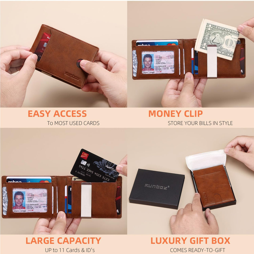 محفظة رن بوكس (RUNBOX) النحيفة للرجال - محفظة جلدية ثنائية الطي مزودة بمشبك للنقود وحماية من مسح البيانات (RFID)، تصميم بسيط للجيب الأمامي، تتسع لـ 11 بطاقة، تصميم رفيع، حماية من مسح البيانات (RFID)