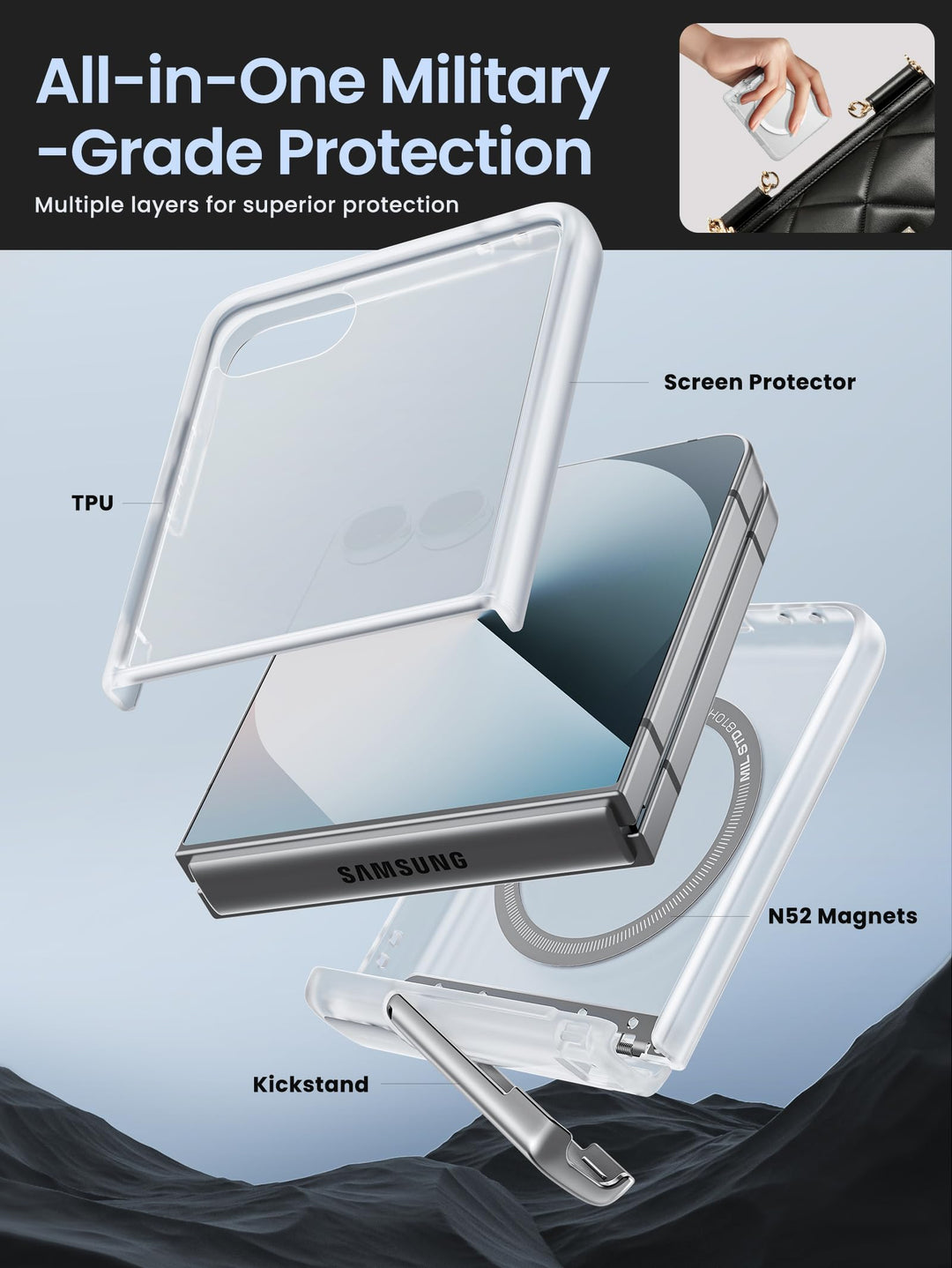 i-Blason for Samsung Galaxy Z Flip 7 Case with Stand [Tempered Glass Screen Protector] [Hinge Protection] [Support Wireless Charging] Slim Matte Protective Magnetic Phone Case for Z Flip 7
