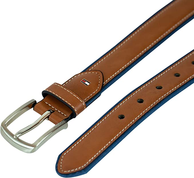 Tommy Hilfiger Men's Ribbon Inlay Fabric Belt 11TL02X178 with Harness Buckle Brown Navy - 3alababak