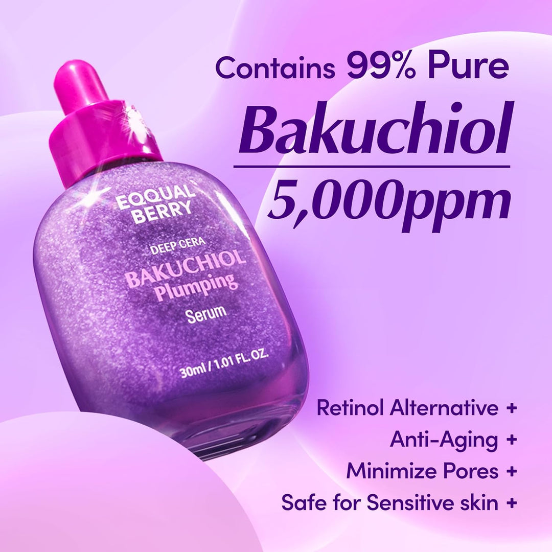 EQQUALBERRY Bakuchiol Plumping Face Serum - Retinol Natural Alternative for Sensitive Skin, with Niacinamide &amp; Hyaluronic Acid, Pore &amp; Wrinkle Korean Skin Care (1.01oz / 30ml)