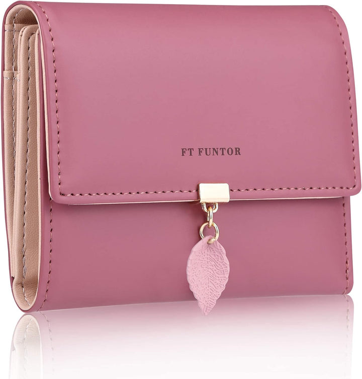 FT FUNTOR RFID Wallets for Women, Leaf Card Holder Trifold Ladies Wallets Coins Zipper Pocket with ID Window