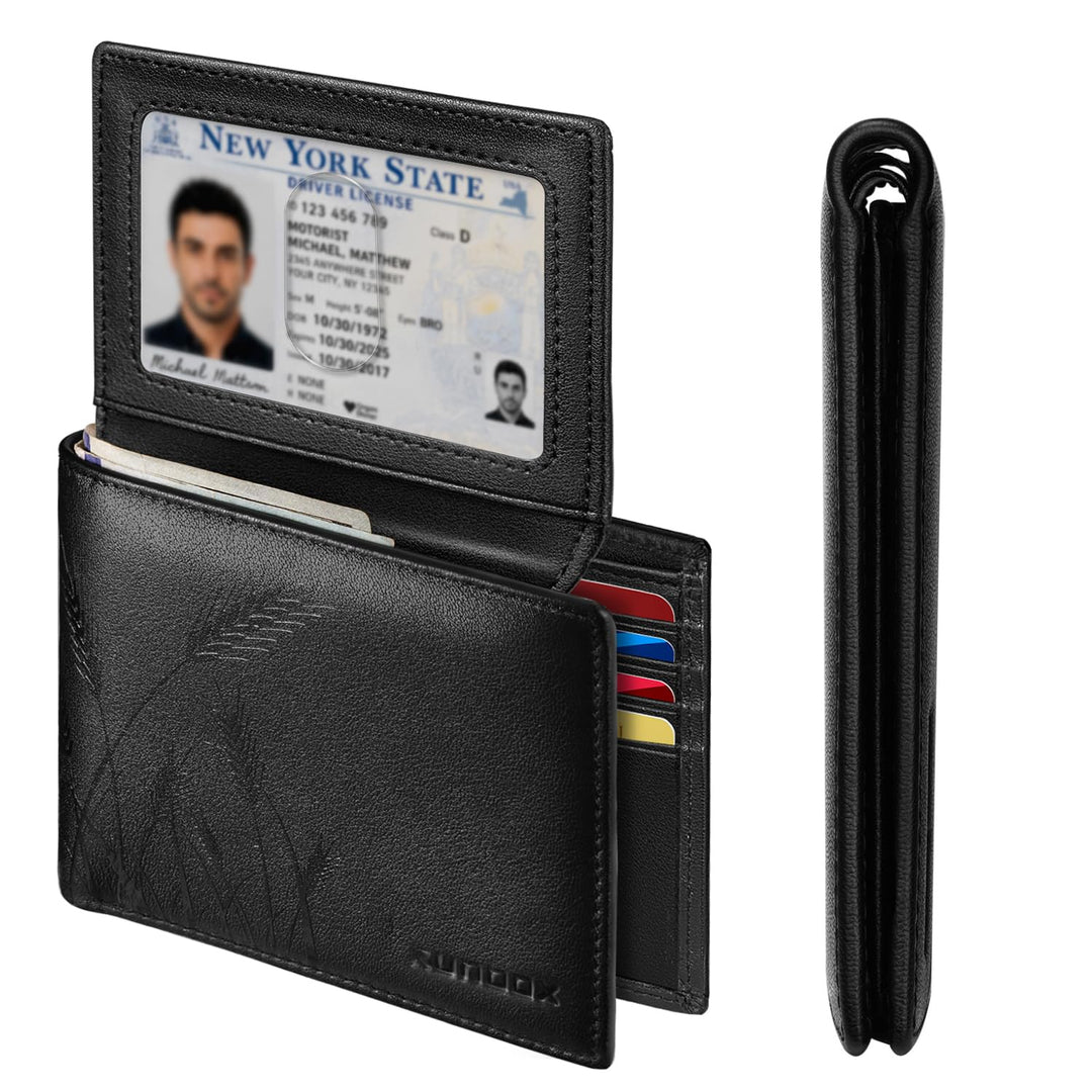 RUNBOX Wallet for Men Leather RFID Blocking Bifold Front Pocket Wallet Genuine Leather,Slim,12 Card Slots,2 ID Windows,2 Money Pockets, Gift for Men,Compact Travel Business Passport