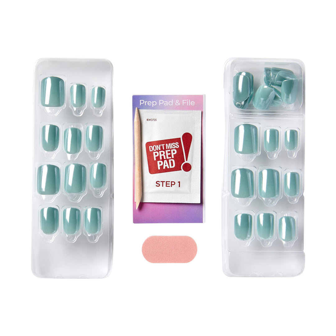 KISS colorFX by imPRESS Press On Nails , ‘Reconnect’, Solid Blue with Pearlescent Finish, Short Oval, New &amp; Improved Adhesive, Includes 30 Fake Nails, Prep Pad, 1 Manicure Stick, 1 Mini Nail File