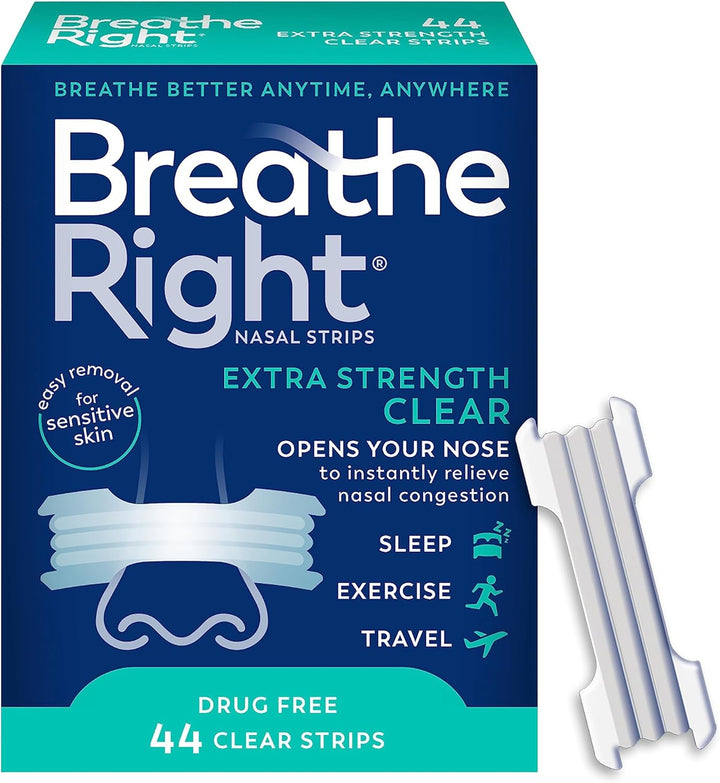 Breathe Right nasal strips packaging with clear strips on a white background