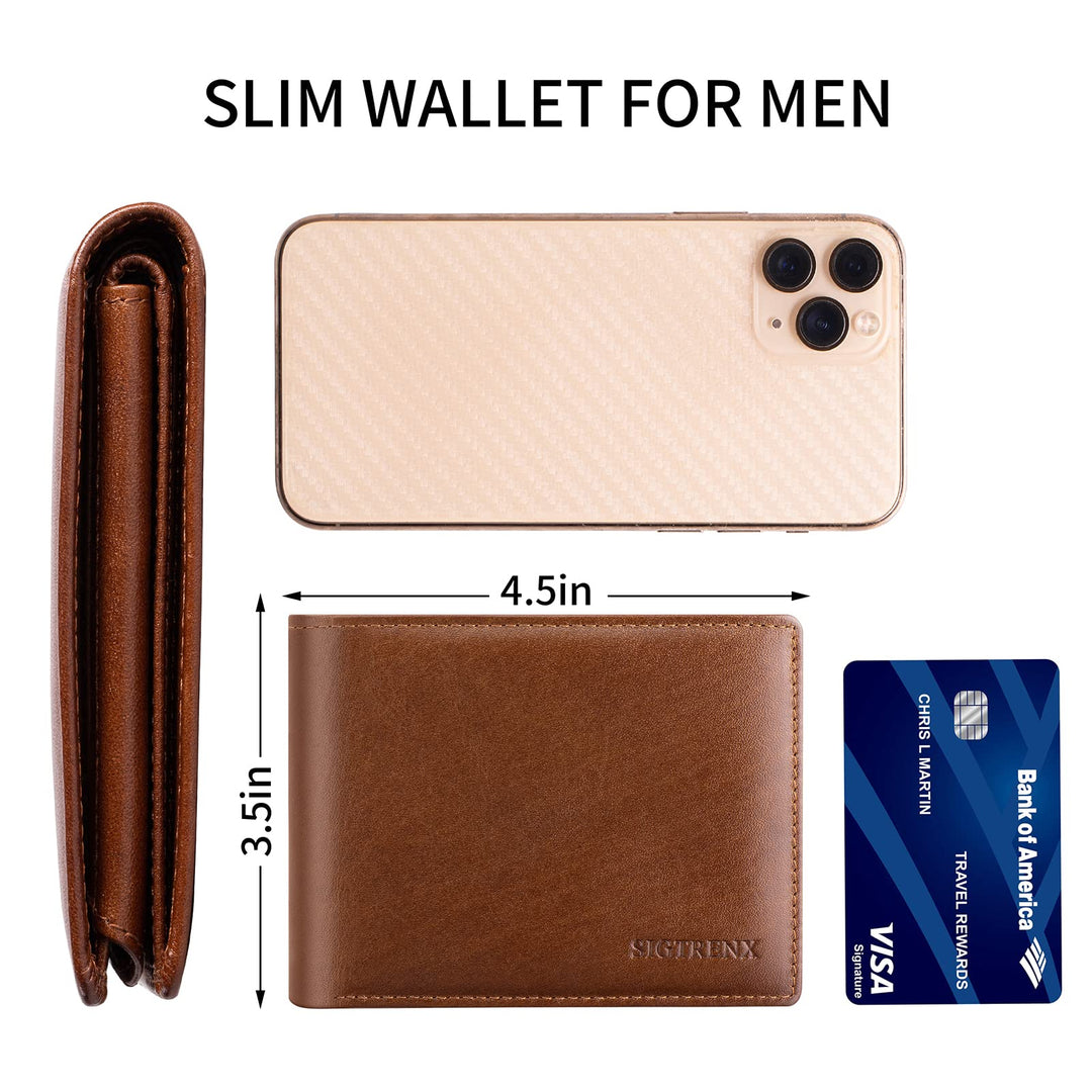 Sigtrenx SGQB-001 Leather Wallets for Men, Genuine Leather Mens Wallet Bifold Rfid Blocking with 2 ID Windows