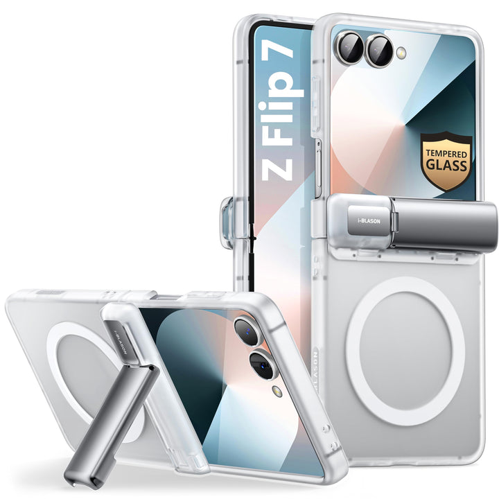 i-Blason for Samsung Galaxy Z Flip 7 Case with Stand [Tempered Glass Screen Protector] [Hinge Protection] [Support Wireless Charging] Slim Matte Protective Magnetic Phone Case for Z Flip 7