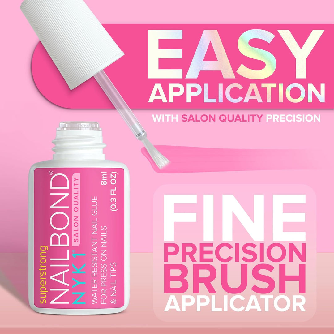 NYK1 Super Strong Nail Glue for Press On Nails, Nail Tips &amp; Acrylic Nails (8ml) NYK1 NailBond Brush On Glue for Press Ons, Tips &amp; Acrylics - Long Lasting, Maximum Strength, Mess-Free Application
