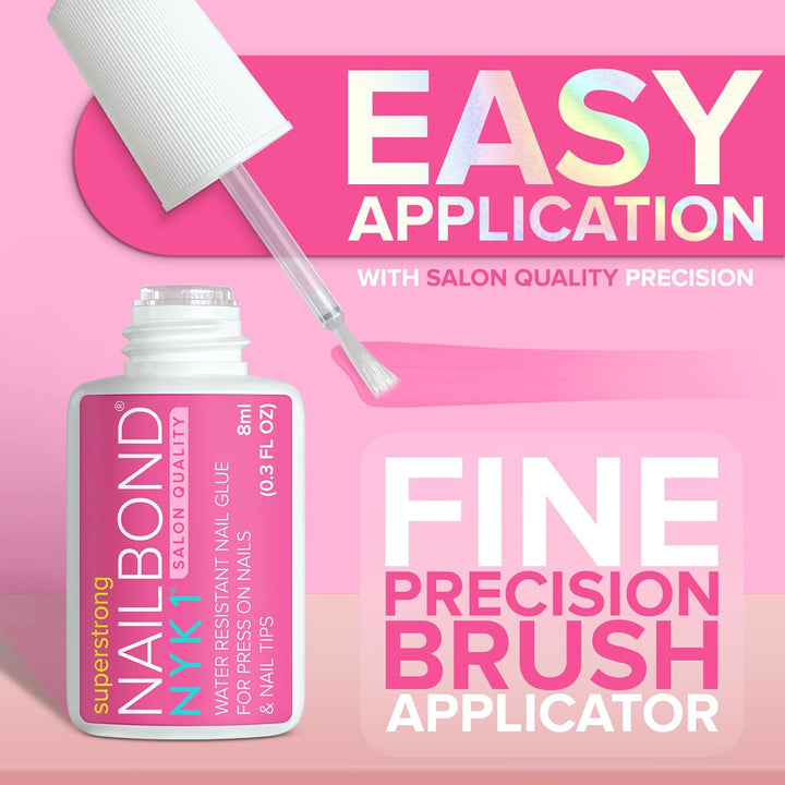 NYK1 Super Strong Nail Glue for Press On Nails, Nail Tips &amp; Acrylic Nails (8ml) NYK1 NailBond Brush On Glue for Press Ons, Tips &amp; Acrylics - Long Lasting, Maximum Strength, Mess-Free Application