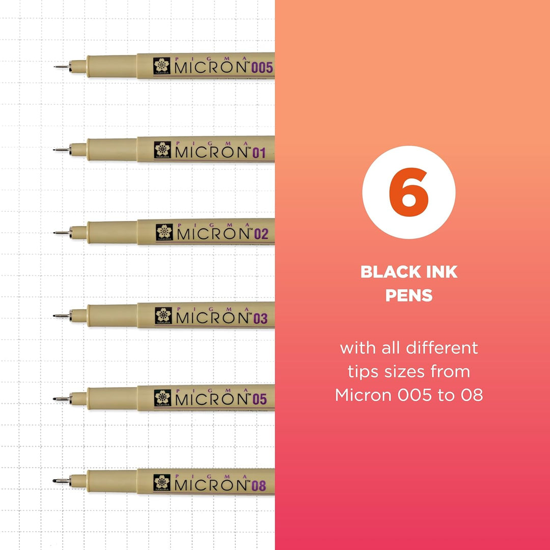 SAKURA Pigma Micron Fineliner Pens - Archival Black Ink Pens for Writing, Illustration, or Bullet Journaling - Assorted Point Sizes - 6 Pack
