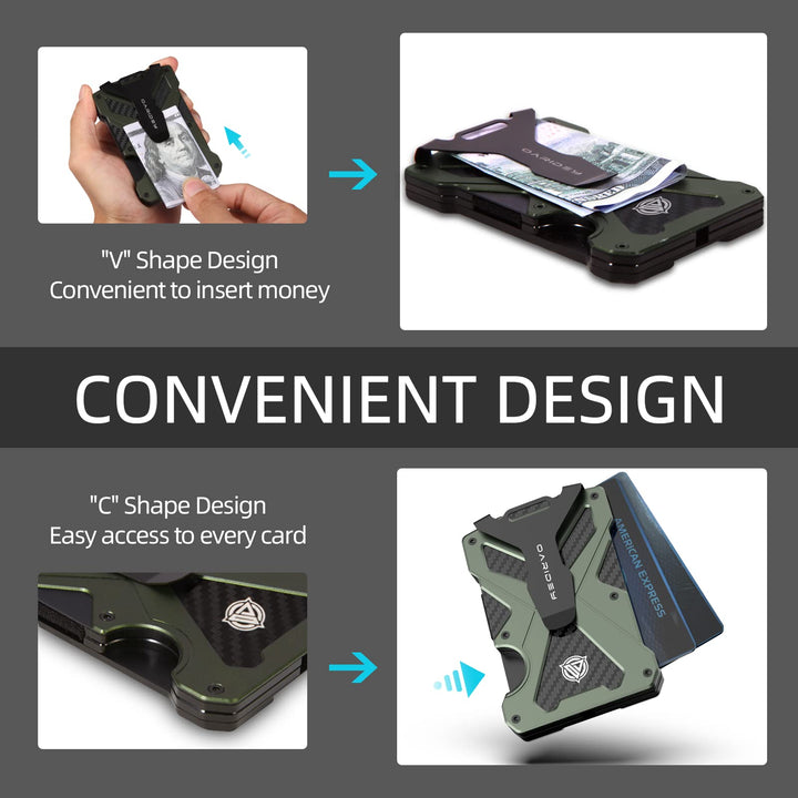 Oaridey Minimalist Wallet for Men- Slim Aluminum Metal Money Clip with Clear ID Card Holder, RFID Blocking, Holds up 15 Cards with Cash Clip, Ultra-Thin Tactical Carbon Fiber