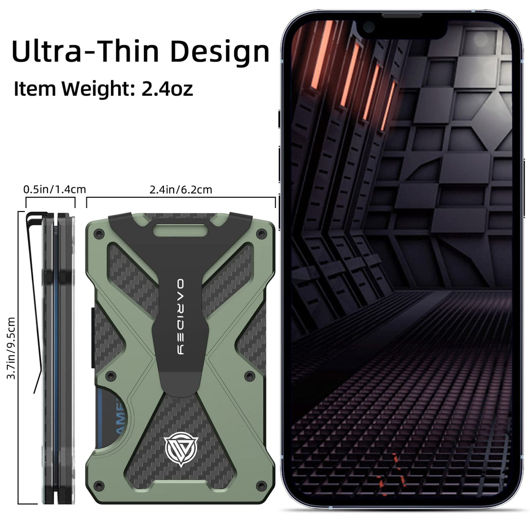 Oaridey Minimalist Wallet for Men- Slim Aluminum Metal Money Clip with Clear ID Card Holder, RFID Blocking, Holds up 15 Cards with Cash Clip, Ultra-Thin Tactical Carbon Fiber