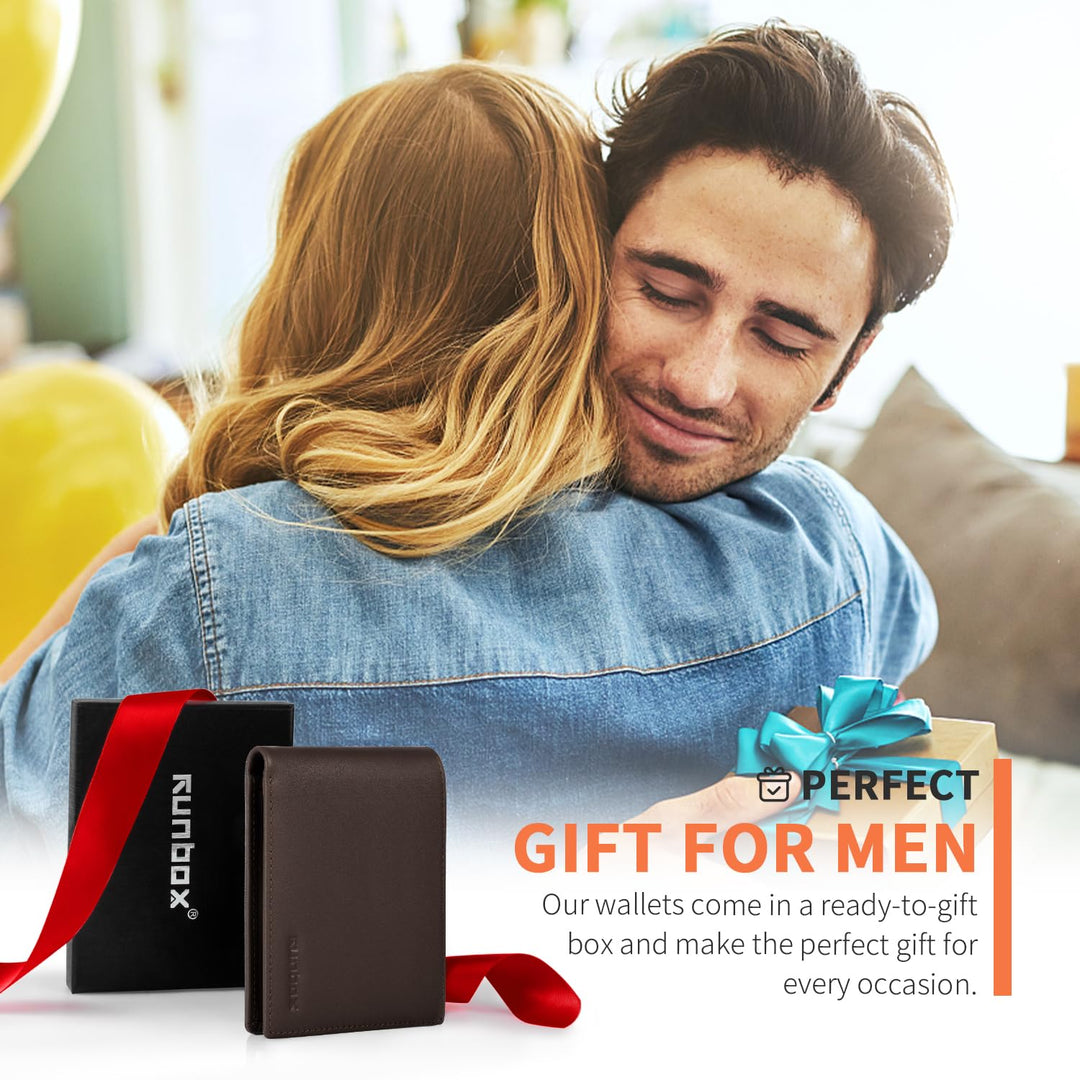 RUNBOX Wallet for Men Leather RFID Blocking Bifold Front Pocket Wallet Genuine Leather,Slim,12 Card Slots,2 ID Windows,2 Money Pockets, Gift for Men,Compact Travel Business Passport