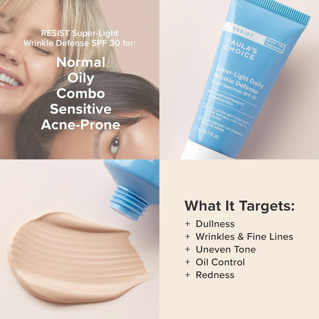 Paula's Choice RESIST Super-Light Daily Wrinkle Defense Mineral Sunscreen, SPF 30 Face Sunscreen for Oily Skin, Matte Tinted Face Moisturizer, UVA/UVB Protection, Fragrance-Free