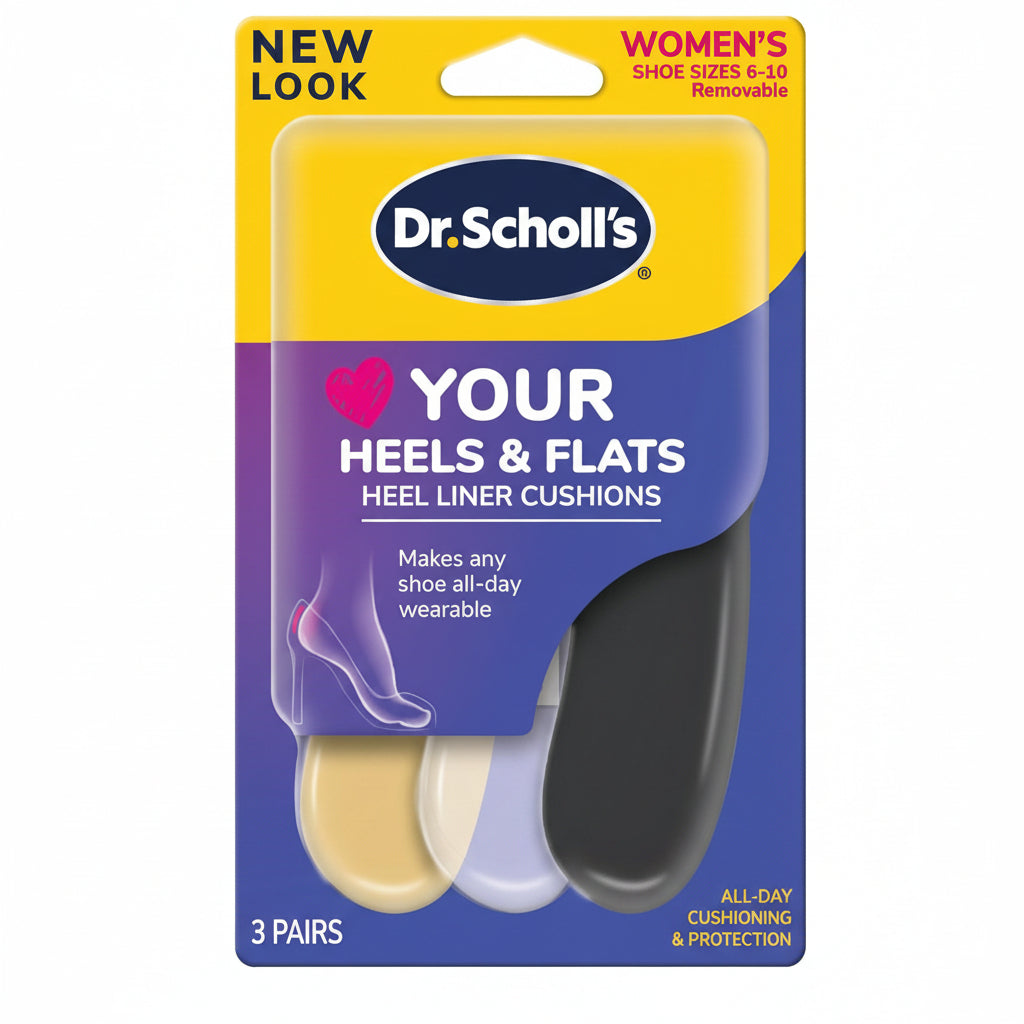 Packaging of Dr. Scholl's heel liner cushions, showing three pairs of foam and gel liners and the brand's logo, with a yellow and blue color scheme.
