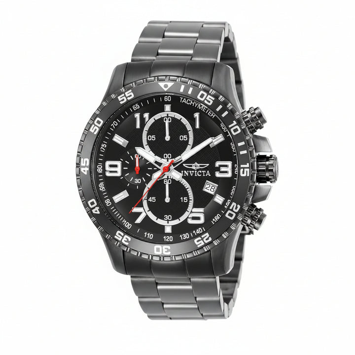 Invicta watch with black dial and silver metal strap on a white background