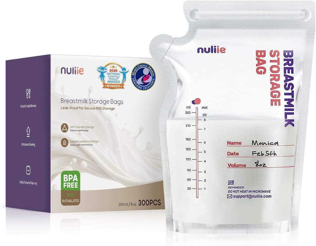 Nuliie Breastmilk Storage Bags Freezer, 8 OZ Breast Milk Storing Bags, BPA-Free, Milk Storage Bags with Pour Spout for Breastfeeding, Self-Standing Bag, Space Saving Flat Profile