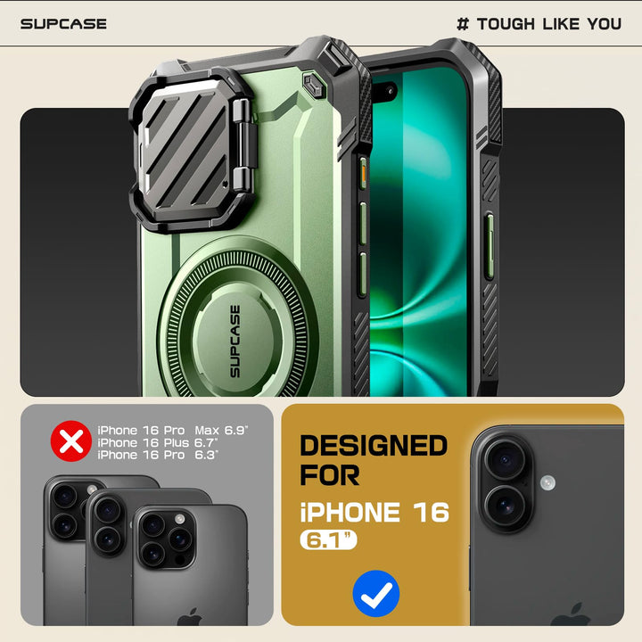 SUPCASE for iPhone 16 Case 6.1'' 2024 with Camera Cover Stand (UBMag XT), [Compatible with MagSafe] [Built-in Kickstand] [Military-Grade Protection] Heavy Duty Rugged Magnetic Phone Case