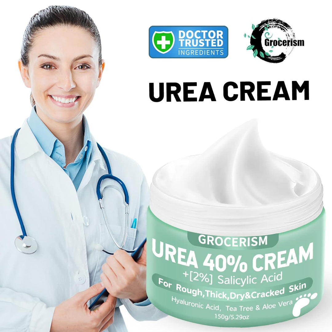 Grocerism Urea Cream 40 Percent For Feet Plus 2% Salicylic Acid 5.29 oz || Foot Cream and Hand Cream Maximum Strength with Hyaluronic Acid,Tea Tree,and Aloe Vera For Deep Moisturizes,Callus Remover Visit the Grocerism Store