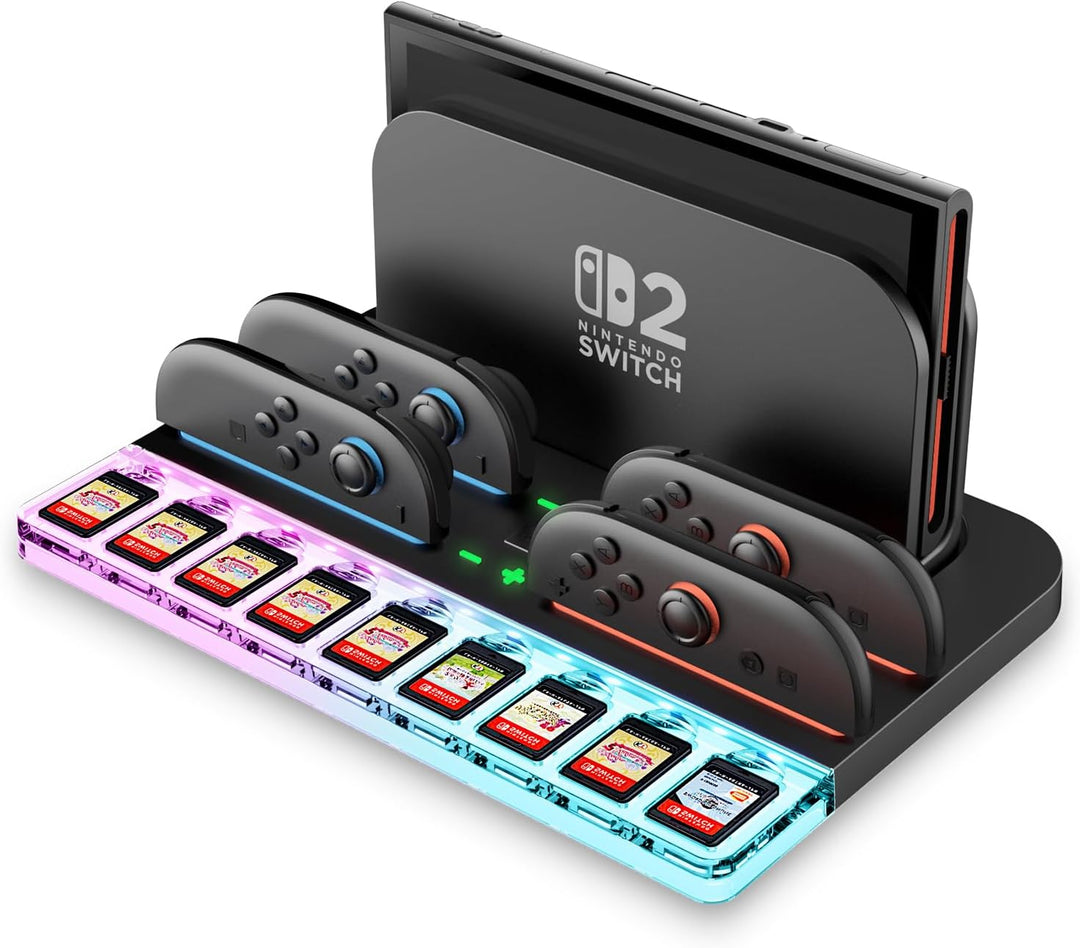 i-Blason Charging Dock Storage Base for Nintendo Switch 2 JoyCon Controllers [9 Game Card Slots] [Ambient Lighting] All-in-one Charging Station Storage Stand Organizer with USB Charging Cable