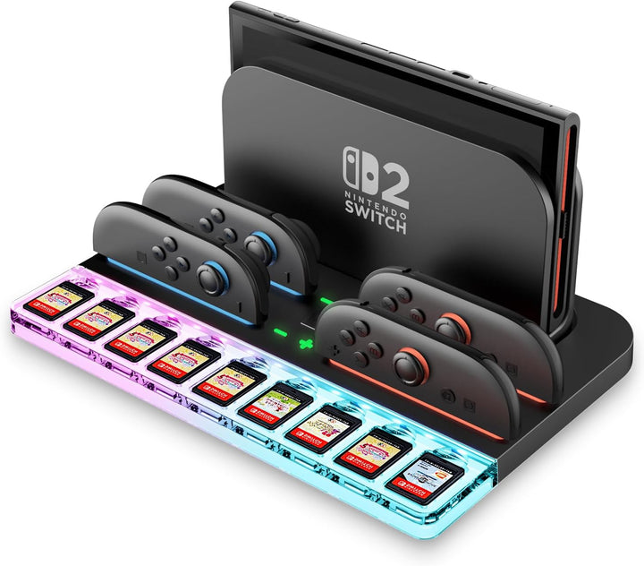 i-Blason Charging Dock Storage Base for Nintendo Switch 2 JoyCon Controllers [9 Game Card Slots] [Ambient Lighting] All-in-one Charging Station Storage Stand Organizer with USB Charging Cable