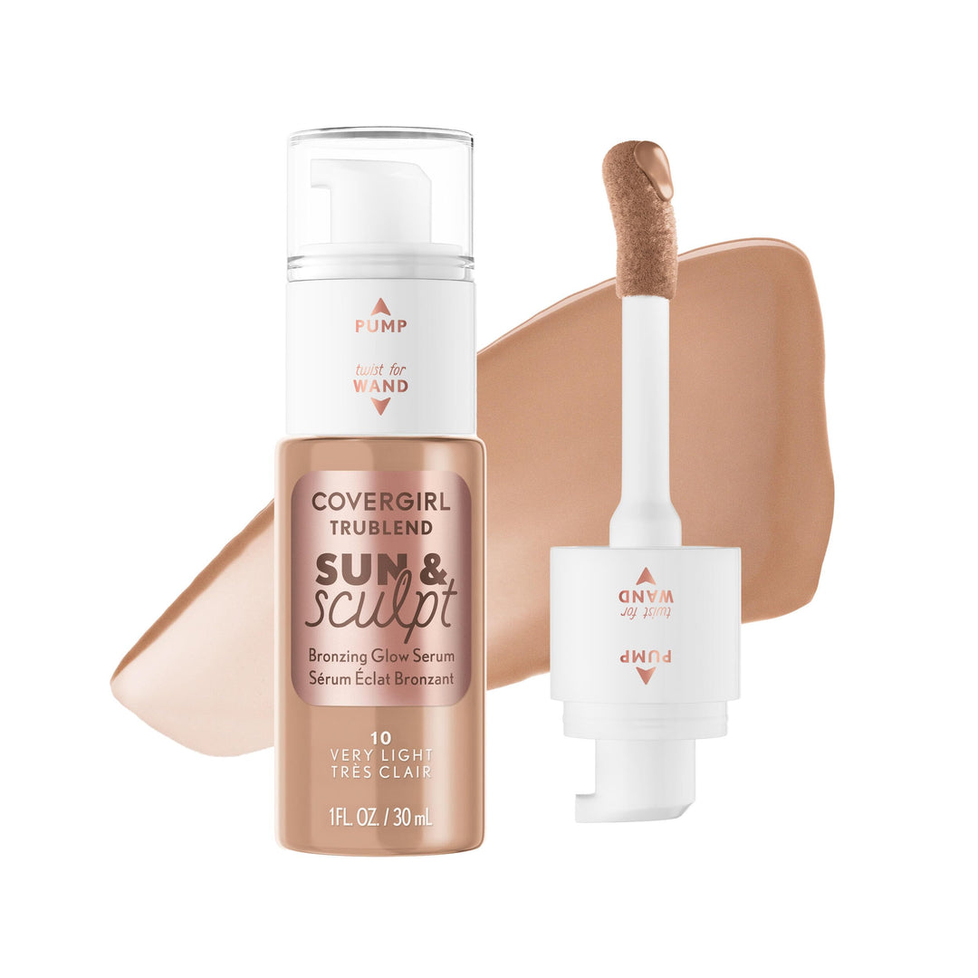 COVERGIRL TruBlend Sun &amp; Sculpt Bronzing Glow Serum, Buildable, Radiant Glow, Wand and Pump Applicator