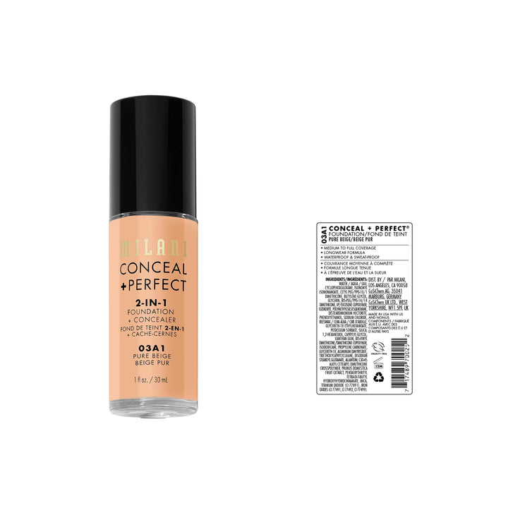Milani Conceal + Perfect 2-in-1 Foundation + Concealer for a Flawless Complexion, Under Eye Corrector, Cover Redness and Imperfections, Waterproof and Sweatproof