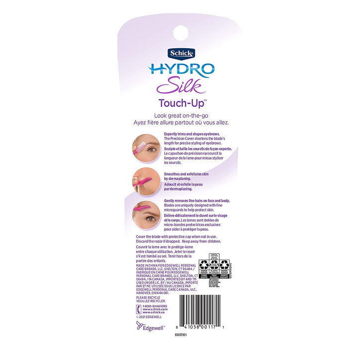 Schick Hydro Silk Touch-Up Multipurpose Exfoliating Dermaplaning Tool, Eyebrow Razor, and Facial Razor with Precision Cover, 3 Count - 3alababak