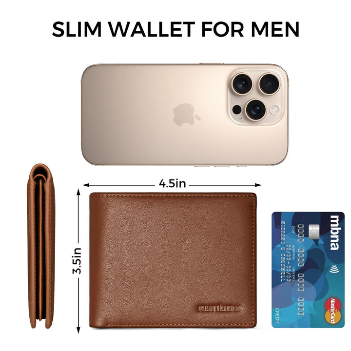 RUNBOX Wallet for Men Leather RFID Blocking Bifold Front Pocket Wallet Genuine Leather,Slim,12 Card Slots,2 ID Windows,2 Money Pockets, Gift for Men,Compact Travel Business Passport