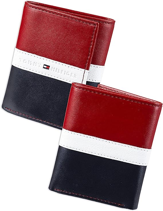 Tommy Hilfiger Men's 31TL110022 Genuine Leather Slim Trifold Wallet with ID Window - Red/White/Blue - 3alababak