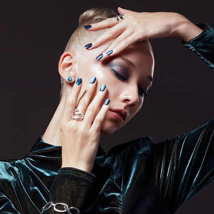 KISS colorFX by imPRESS Press On Nails , ‘Reconnect’, Solid Blue with Pearlescent Finish, Short Oval, New &amp; Improved Adhesive, Includes 30 Fake Nails, Prep Pad, 1 Manicure Stick, 1 Mini Nail File