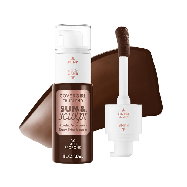 COVERGIRL TruBlend Sun &amp; Sculpt Bronzing Glow Serum, Buildable, Radiant Glow, Wand and Pump Applicator
